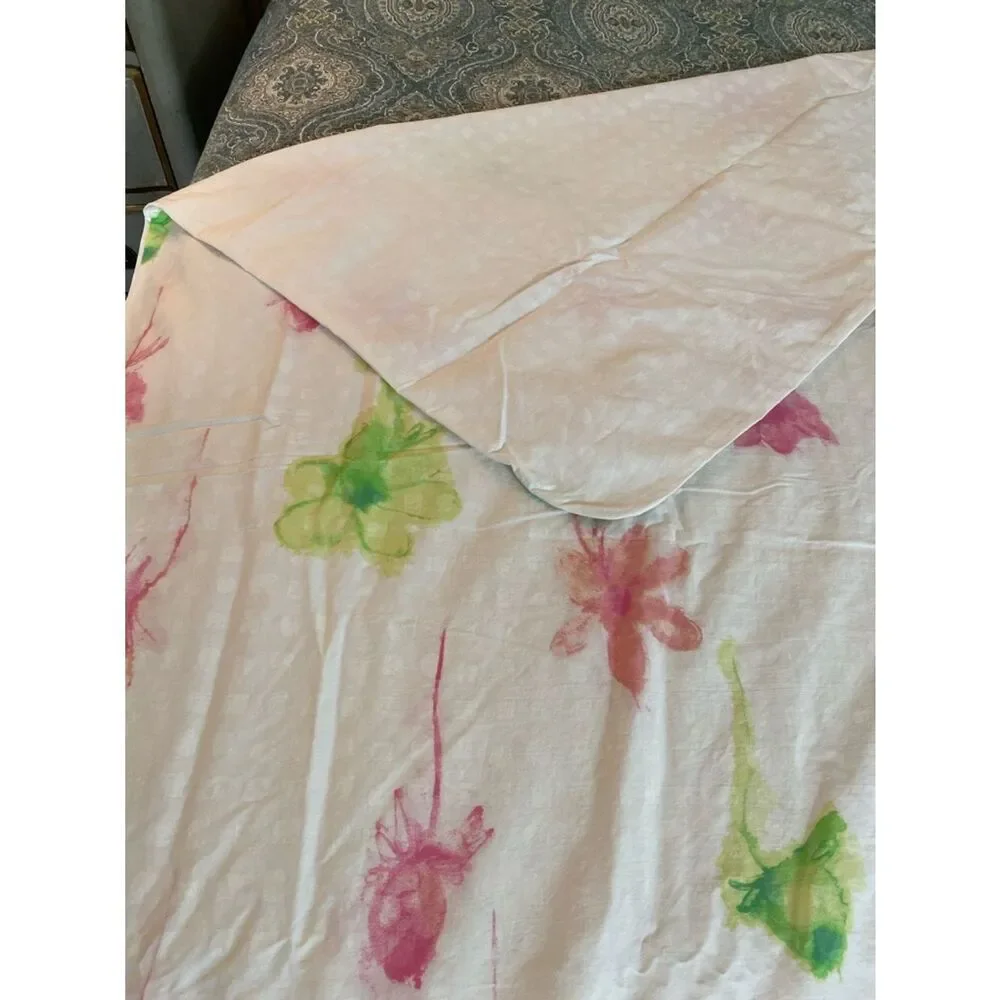 Floral Watercolor White Cotton Duvet - Pink & Green